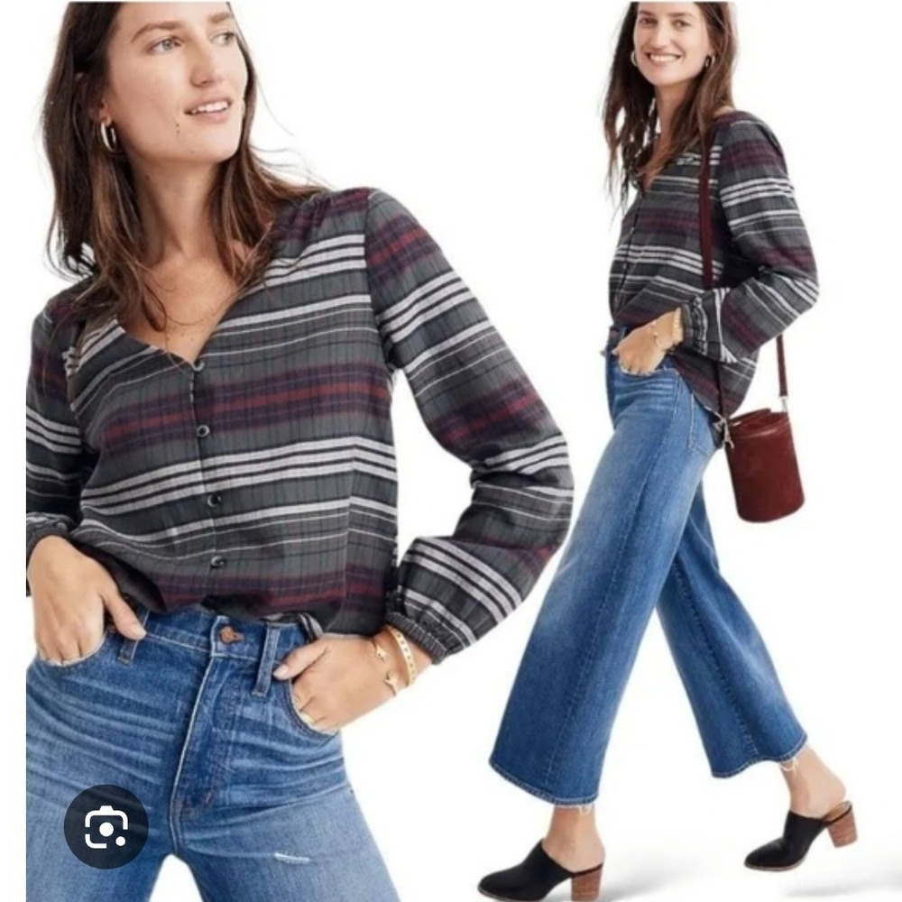 Madewell Womens Plaid Button Front Top Green Red Cotton Long Sleeve Blouse M